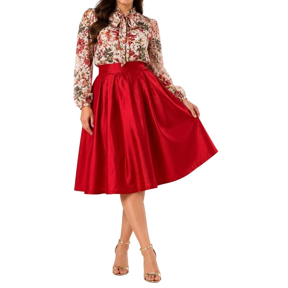OASAP Skirt Women M Red Flowy A-Line Satin Holiday Party Twirl Festive Chic